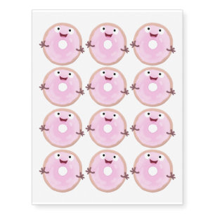Cute happy pink glazed donut cartoon temporary tattoos