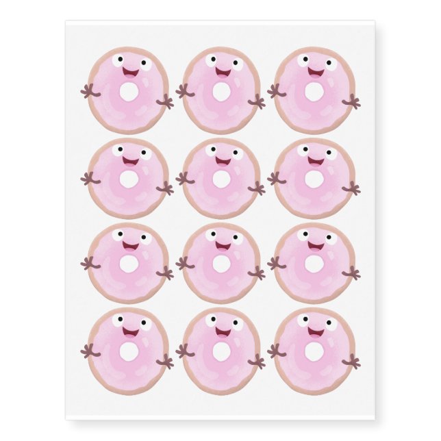 Cute happy pink glazed donut cartoon temporary tattoos (Front)