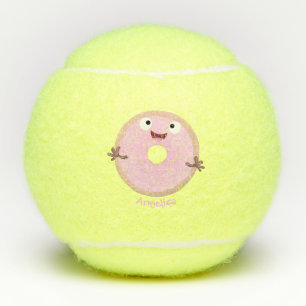 Cute happy pink glazed donut cartoon tennis balls