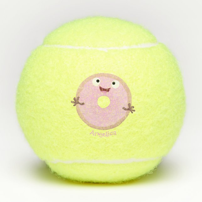 Cute happy pink glazed donut cartoon tennis balls (Front)