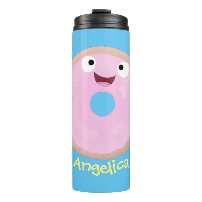 Cute happy pink glazed donut cartoon thermal tumbler (Front)