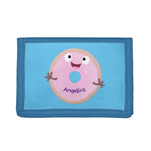 Cute happy pink glazed donut cartoon trifold wallet