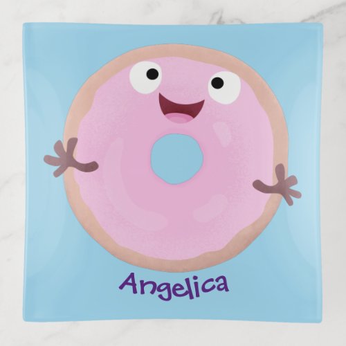Cute happy pink glazed donut cartoon trinket tray