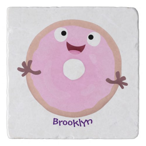 Cute happy pink glazed donut cartoon trivet
