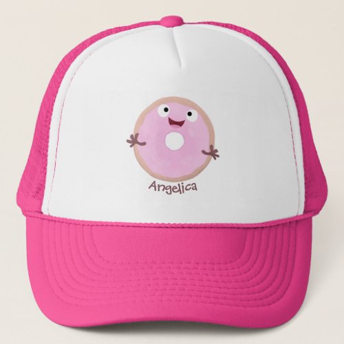 Cute happy pink glazed donut cartoon  trucker hat