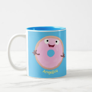 Cute happy pink glazed donut cartoon Two-Tone coffee mug