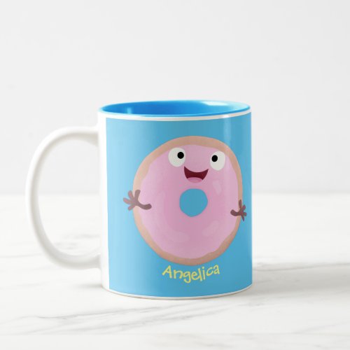 Cute happy pink glazed donut cartoon Two_Tone coffee mug