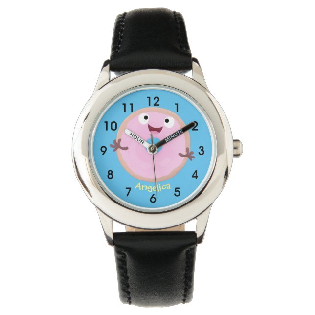 Cute happy pink glazed donut cartoon watch (Front)