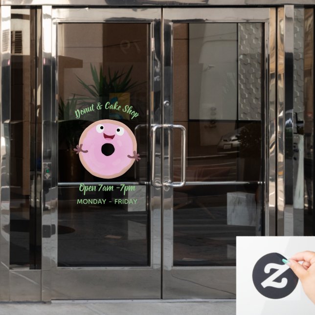 Cute happy pink glazed donut cartoon window cling (Office Door)