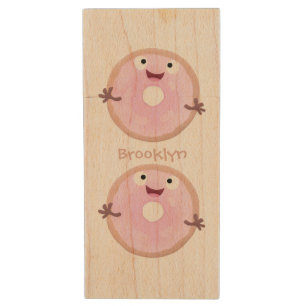 Cute happy pink glazed donut cartoon wood flash drive