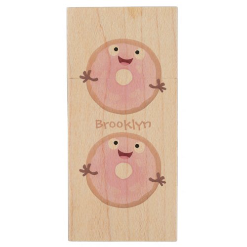 Cute happy pink glazed donut cartoon wood flash drive