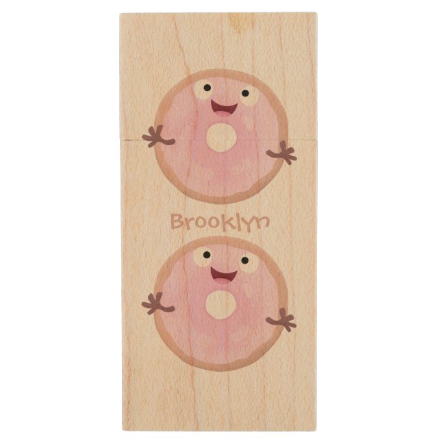 Cute happy pink glazed donut cartoon wood flash drive (Front Vertical)