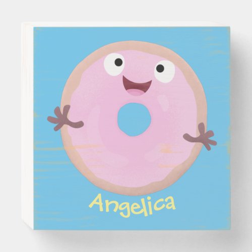 Cute happy pink glazed donut cartoon wooden box sign