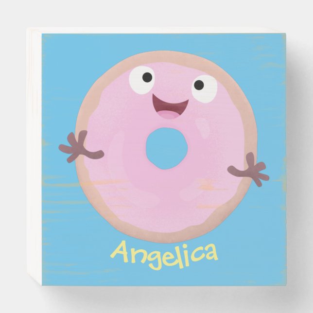 Cute happy pink glazed donut cartoon wooden box sign (Front Horizontal)