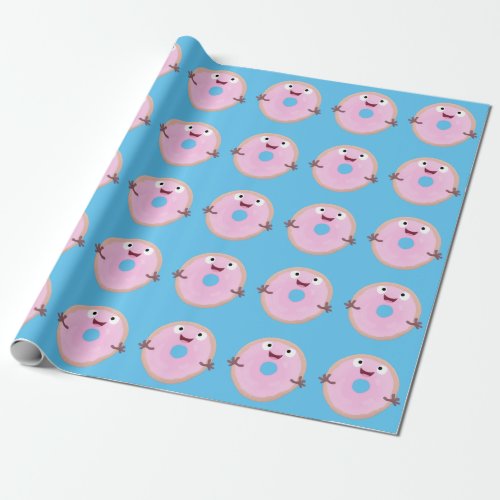 Cute happy pink glazed donut cartoon wrapping paper