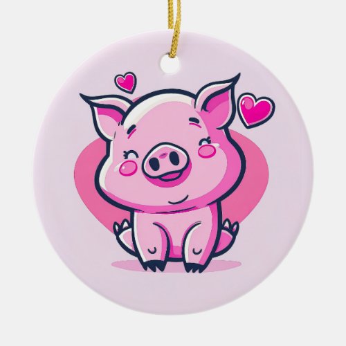 Cute Happy Pink Pig Hearts Valentine Inspired  Ceramic Ornament