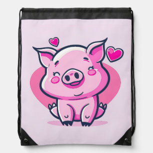Cute Happy Pink Pig Hearts Valentine Inspired   Drawstring Bag