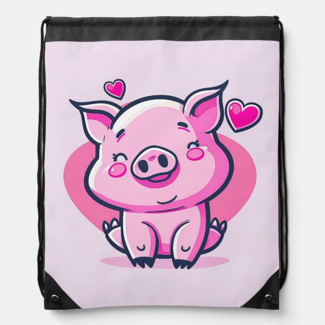 Cute Happy Pink Pig Hearts Valentine Inspired | Drawstring Bag (Front)