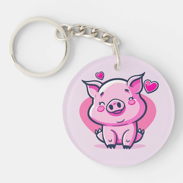 Cute Happy Pink Pig Hearts Valentine Inspired | Keychain (Front)