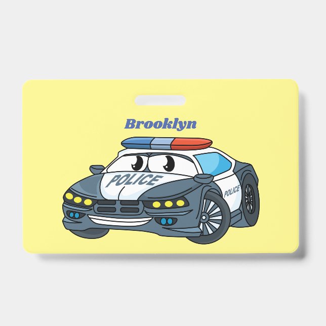 Cute happy police car cartoon illustration badge (Front)