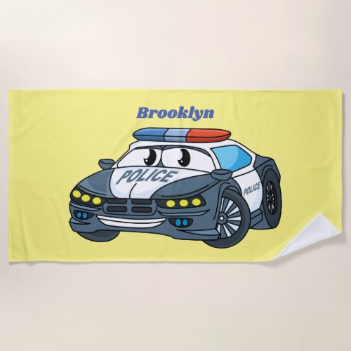 Cute happy police car cartoon illustration beach towel