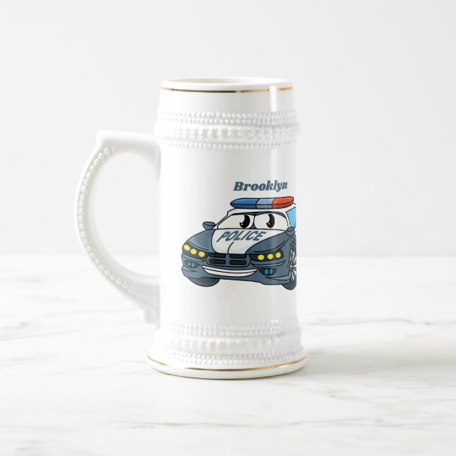 Cute happy police car cartoon illustration beer stein (Left)