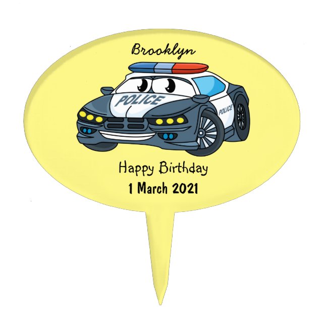 Cute happy police car cartoon illustration cake topper (Front)