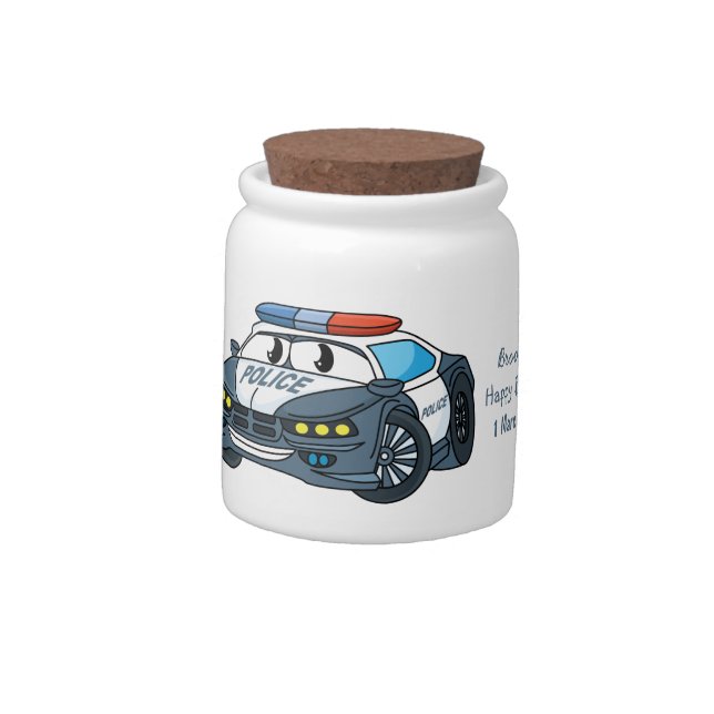 Cute happy police car cartoon illustration candy jar (Left)