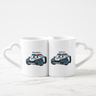 Cute happy police car cartoon illustration coffee mug set