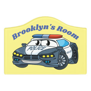 Cute happy police car cartoon illustration door sign