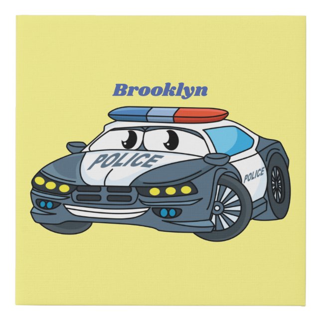Cute happy police car cartoon illustration faux canvas print (Front)
