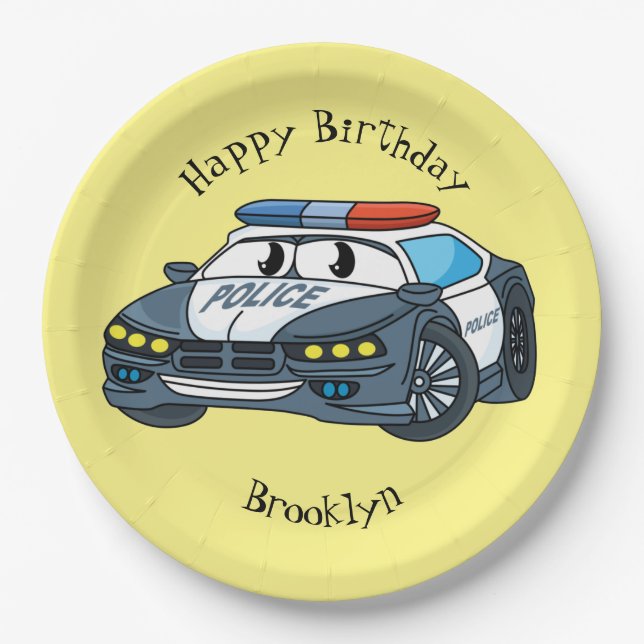 Cute happy police car cartoon illustration paper plates (Front)