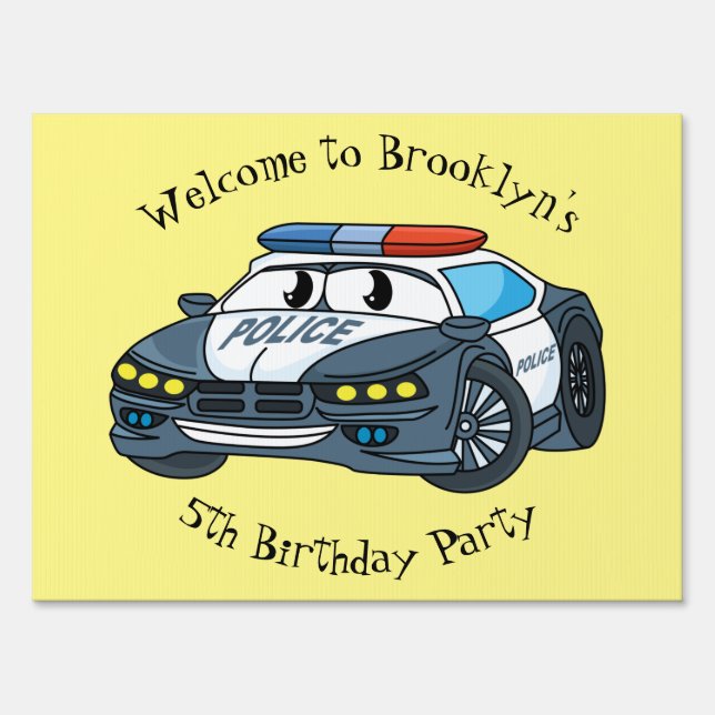 Cute happy police car cartoon illustration sign (Front)