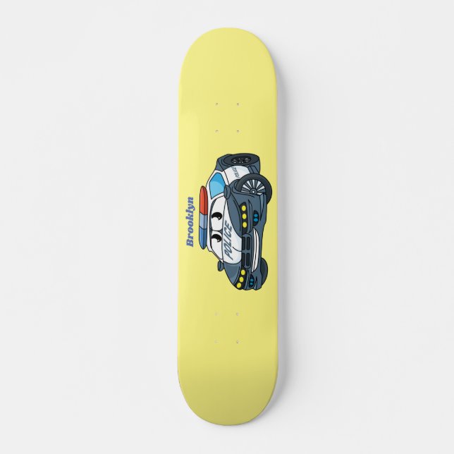 Cute happy police car cartoon illustration skateboard (Front)