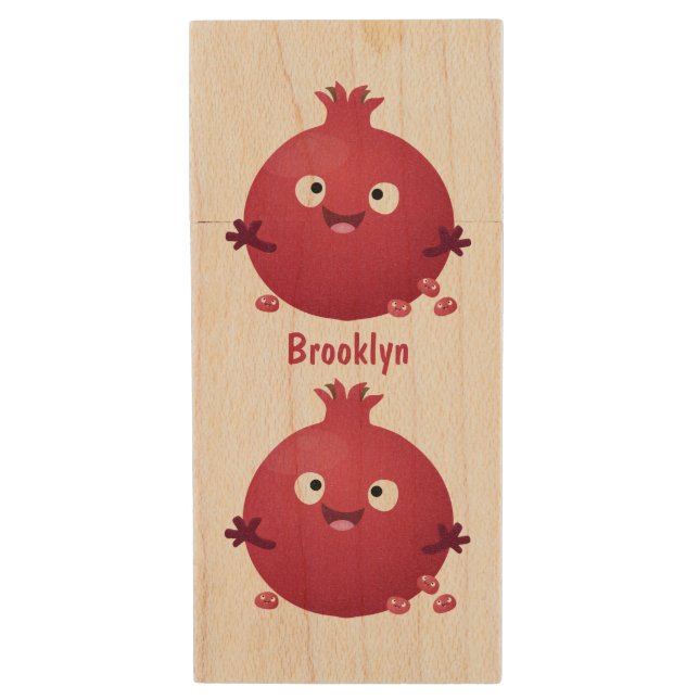 Cute happy pomegranate fruit cartoon wood flash drive (Front Vertical)