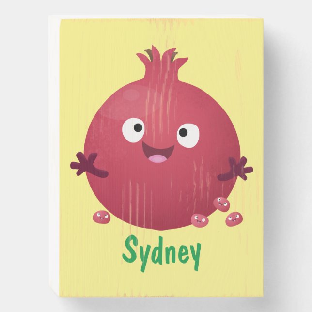 Cute happy pomegranate fruit cartoon wooden box sign (Front Vertical)