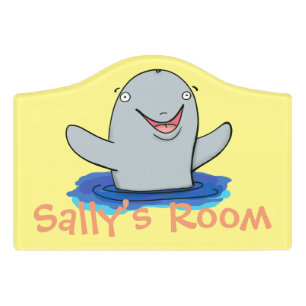 Cute, happy porpoise cartoon illustration door sign