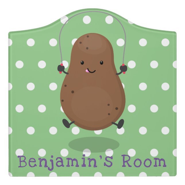 Cute happy potato jumping rope cartoon door sign (Large Crest Front)