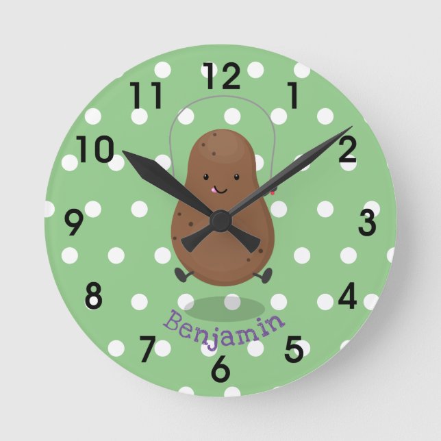 Cute happy potato jumping rope cartoon round clock (Front)