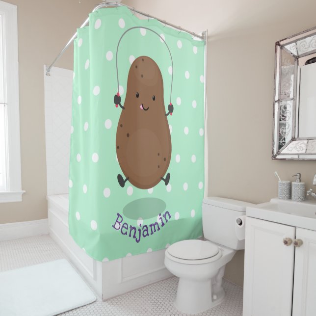 Cute happy potato jumping rope cartoon shower curtain (In Situ)