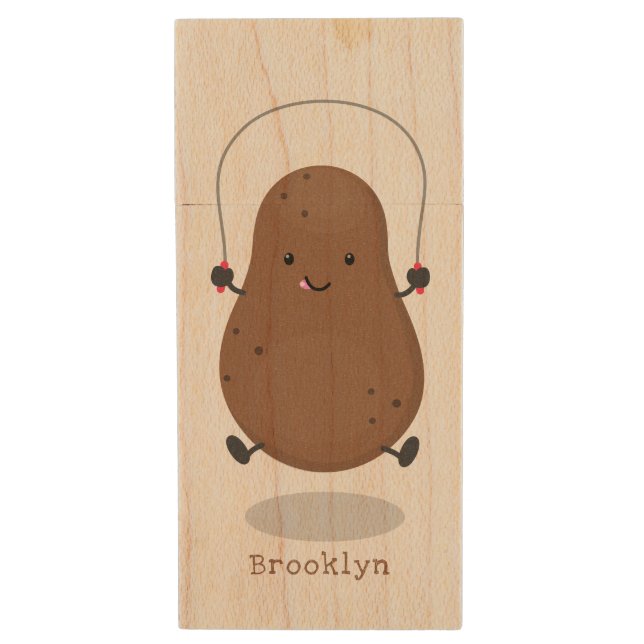 Cute happy potato jumping rope cartoon  wood flash drive (Front Vertical)