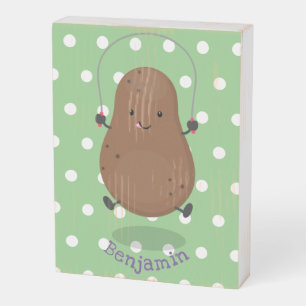 Cute happy potato jumping rope cartoon wooden box sign