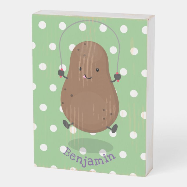 Cute happy potato jumping rope cartoon wooden box sign (Angled Vertical)