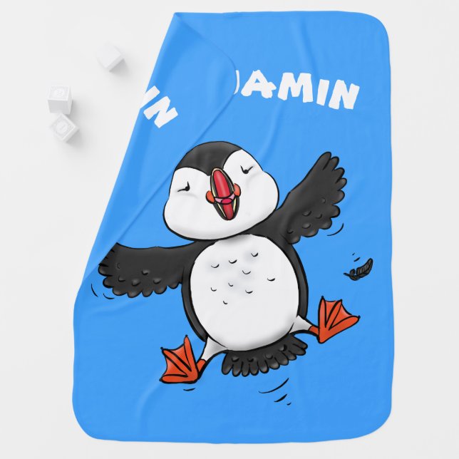 Cute happy puffin flying cartoon illustration baby blanket (In Situ)