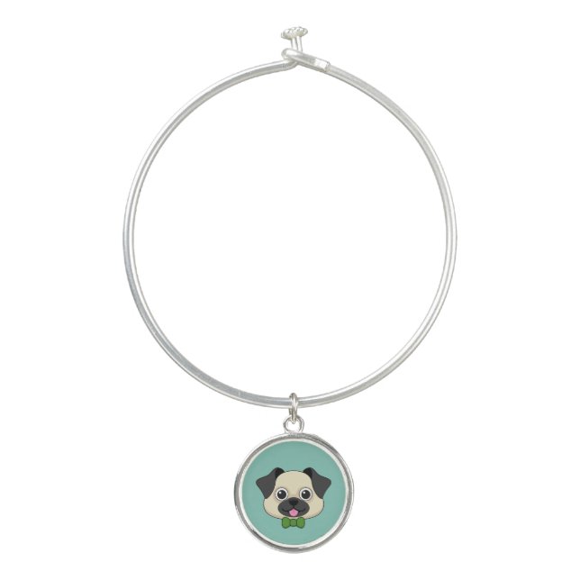 Cute Happy Pug Dog with Papillon Bangle Bracelet (Front)