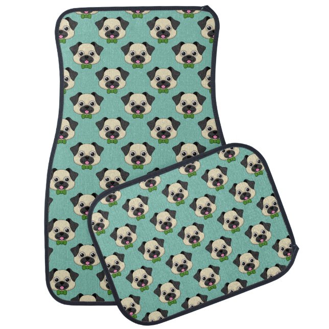 Cute Happy Pug Dog with Papillon Car Floor Mat (Set)