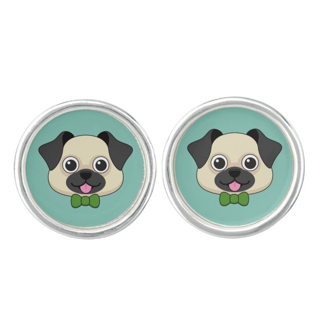  Cute Happy Pug Dog with Papillon Cufflinks (Front)