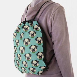Cute Happy Pug Dog with Papillon Drawstring Bag