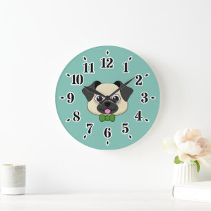 Cute Happy Pug Dog with Papillon Large Clock