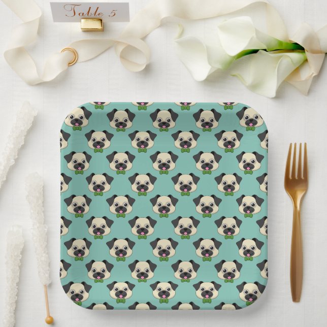 Cute Happy Pug Dog with Papillon Paper Plates (Wedding)